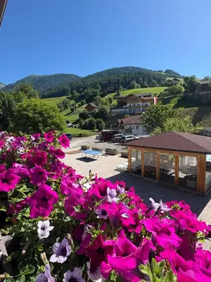 a bunch of pink flowers in front of a building at Pension Wirt am Bach in Terento