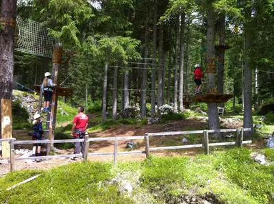 a group of people on a zip line in a forest at Casa Vacanze Villa Elena in Alleghe