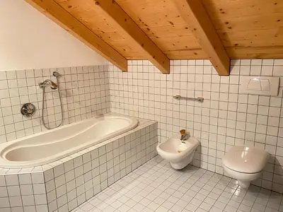 a bathroom with a bath tub and a toilet at Im weißen Schlössl Friedemann in Rasùn di Sotto