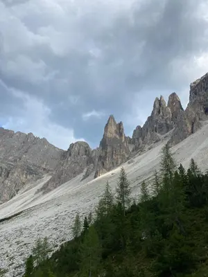 a view of a mountain range with trees in the foreground at Appartamenti la Fontana in San Martino in Badia