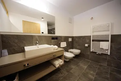 a bathroom with a sink and a toilet and a mirror at Chalet Apartments Ambria in La Villa