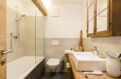 a bathroom with a sink and a toilet and a shower at Chalet Da Mont in Selva di Val Gardena