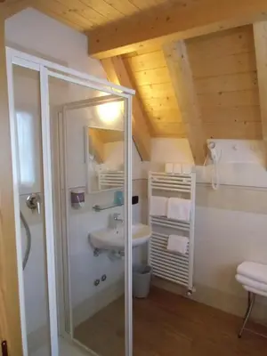 a bathroom with a shower and a sink at Garni Festil in Campitello di Fassa