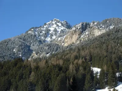 a mountain covered in snow and trees in front at Garni Festil in Campitello di Fassa