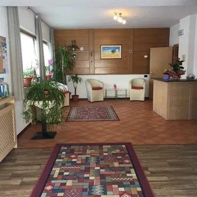 a lobby with a waiting room with chairs and a rug at Garni Festil in Campitello di Fassa