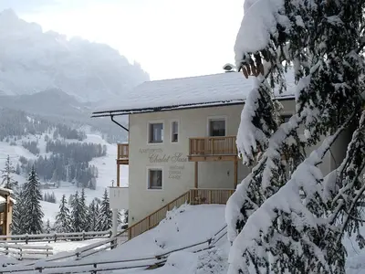 a building covered in snow in the mountains at Chalet Susi in La Villa