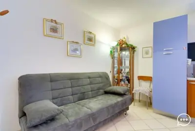 a living room with a gray couch in a room at Tirso Apartament in Castello di Fiemme