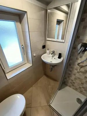 a bathroom with a sink and a toilet and a window at Casa Paola in Pozza di Fassa
