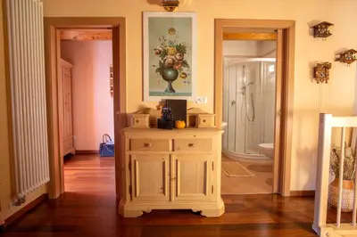 a bathroom with a wooden cabinet in a room at Isarco Suite in Vipiteno
