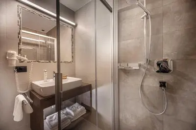 a bathroom with a shower and a sink at Almhotel Lenz in Valdaora