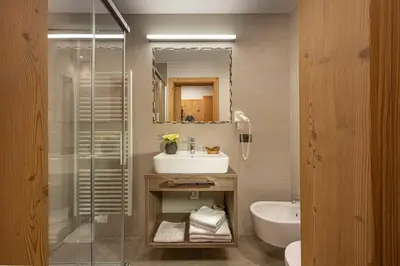 a bathroom with a sink and a glass shower at Almhotel Lenz in Valdaora