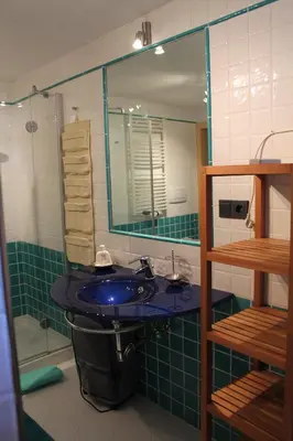 a bathroom with a blue sink and a mirror at Villa Alessandra in Colle Isarco