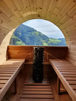 an inside view of a sauna with a window at Tratterhof Apartments in Vallarga