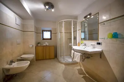 a bathroom with a sink and a shower and a toilet at Schoenau Bio & SPA Family Apartments in San Pietro in Gardena