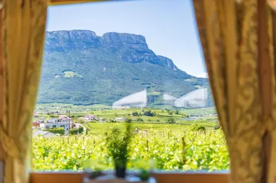 a view of a mountain from a window at Haus Oberhofer in Cornaiano