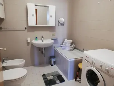 a bathroom with a sink and a washing machine at Apartments Max in Mendola