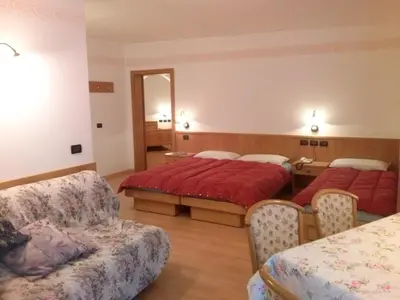 a hotel room with two beds and a couch at Albergo Arnica in Canazei
