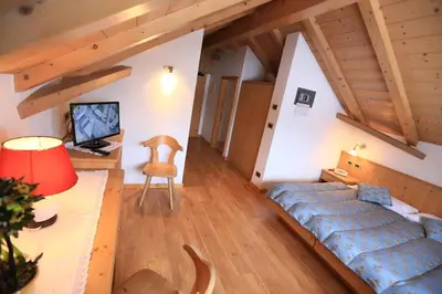 a bedroom with a bed and a desk and a television at Albergo Arnica in Canazei