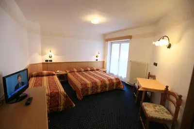 a hotel room with two beds and a television at Albergo Arnica in Canazei
