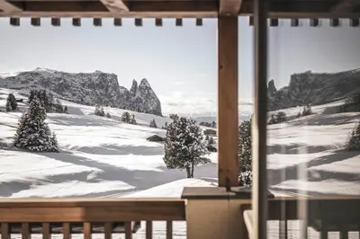a view of a snow covered mountain from a window at Hotel Steger-Dellai in Alpe di Siusi