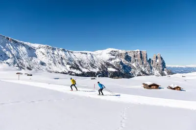 two people cross country skiing on a snow covered mountain at Hotel Steger-Dellai in Alpe di Siusi