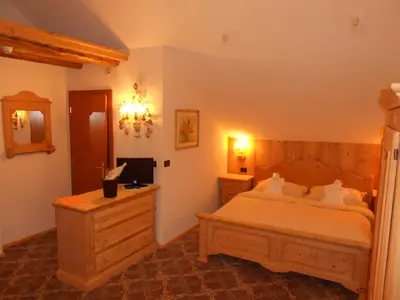 a bedroom with a large bed and a television at Hotel Relais Grünwald in Cavalese