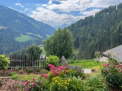 a garden with flowers and a view of a valley at Apartment CANUS - Krumas Living - Kronplatz in San Lorenzo di Sebato