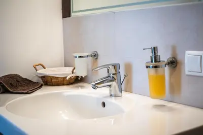 a bathroom sink with a faucet and a glass of orange juice at Apartment CANUS - Krumas Living - Kronplatz in San Lorenzo di Sebato