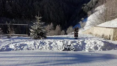 a snow covered yard with a christmas tree and a fire hydrant at Apartment CANUS - Krumas Living - Kronplatz in San Lorenzo di Sebato