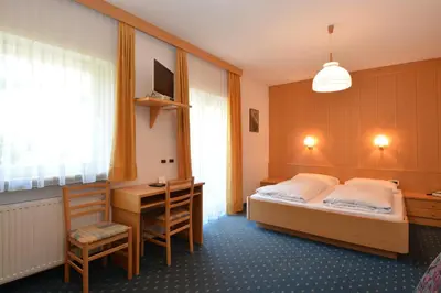 a bedroom with a bed with a white pillow and a mirror at Garni-Hotel Pichler in Ortisei