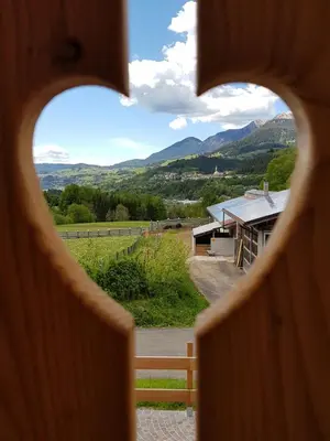 a view from a wooden fence looking through a heart shaped hole in a fence at Agritur Maso Piasina in Tesero