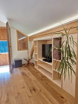 a living room with a tv in a built in cabinet at Duner Heuschupfe in Fundres