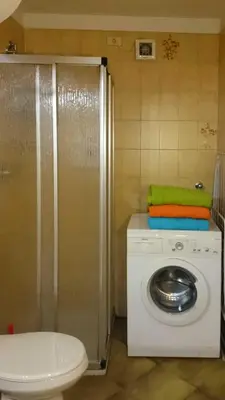 a bathroom with a washing machine and a washer at Rododendro Apartment in Passo San Pellegrino