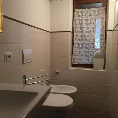 a bathroom with a toilet and a sink and a window at Appartamento il Nido in Moena