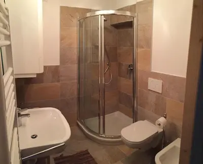 a bathroom with a shower and a toilet and a sink at Appartamento il Nido in Moena