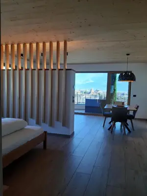 a living room with a bed and a dining table at Pschoalhof in Lana