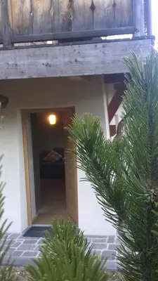 a porch of a house with a palm tree at Chalet Do Costa in Pozza di Fassa