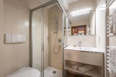 a bathroom with a shower and a toilet and a sink at Georgenhöhe in Lana