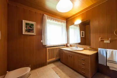 a bathroom with a sink and a toilet and a window at Ciasa Saina in La Valle