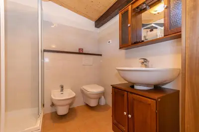 a bathroom with a sink and a toilet and a shower at Villa Simona in Falcade