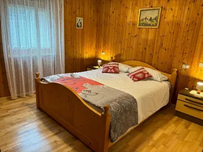 a bedroom with a bed in a room with wooden walls at Mes Lastei in Campitello di Fassa