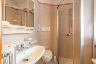 a bathroom with a shower and a sink and a toilet at Casa Mulaz in Falcade