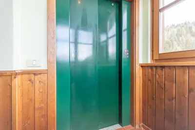 a green door in a room with a window at Casa Mulaz in Falcade
