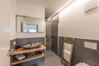 a bathroom with a sink and a shower at Hotel Garni Vinea Montis in Termeno