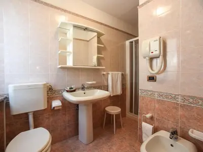a bathroom with a sink and a toilet and a mirror at Hotel Adriana in Alleghe