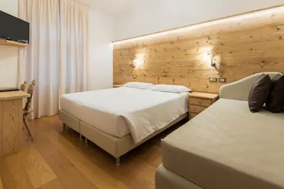 a hotel room with two beds and a television at Hotel Montana in Cortina dʼAmpezzo