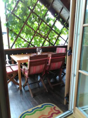 a table and chairs on a screened in porch at Haus Tinkhauser in Vilpiano