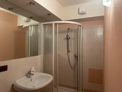 a bathroom with a shower and a sink at Casa del Cirmolo - apartments for rent in Cavalese