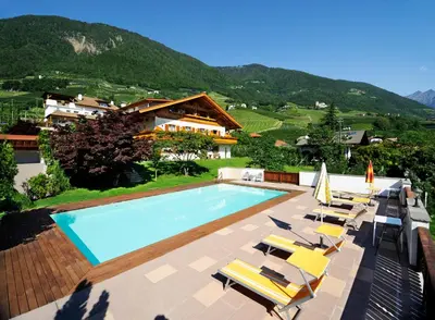 a swimming pool with lounge chairs and a house at Pension Golser in Cermes