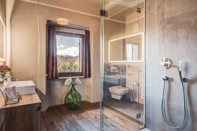 a bathroom with a shower and a sink and a toilet at Hotel Ansitz Rungghof in Appiano sulla Strada del Vino